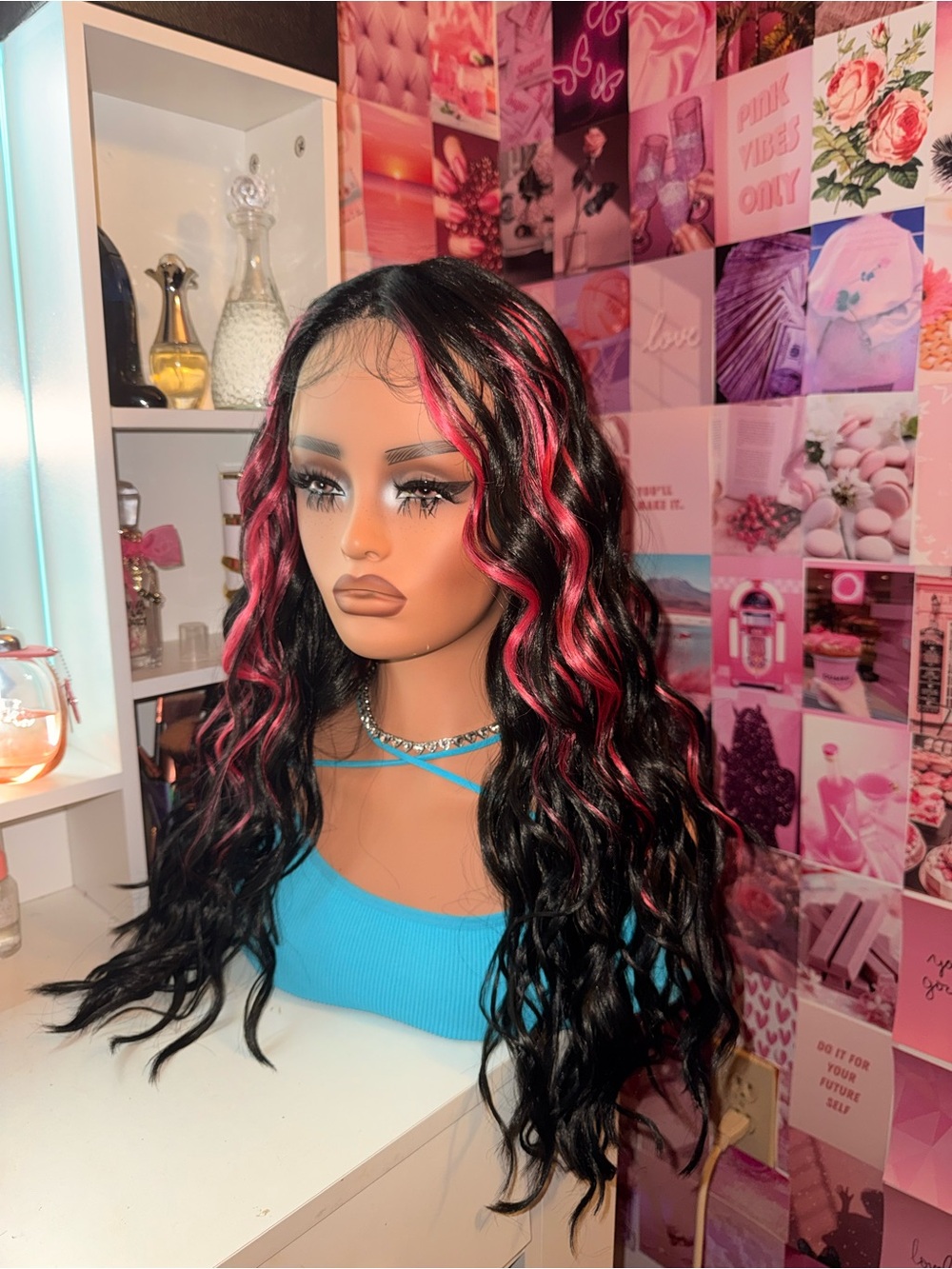 Long Black and Hot Pink Highlight Wavy Lace Front Wig